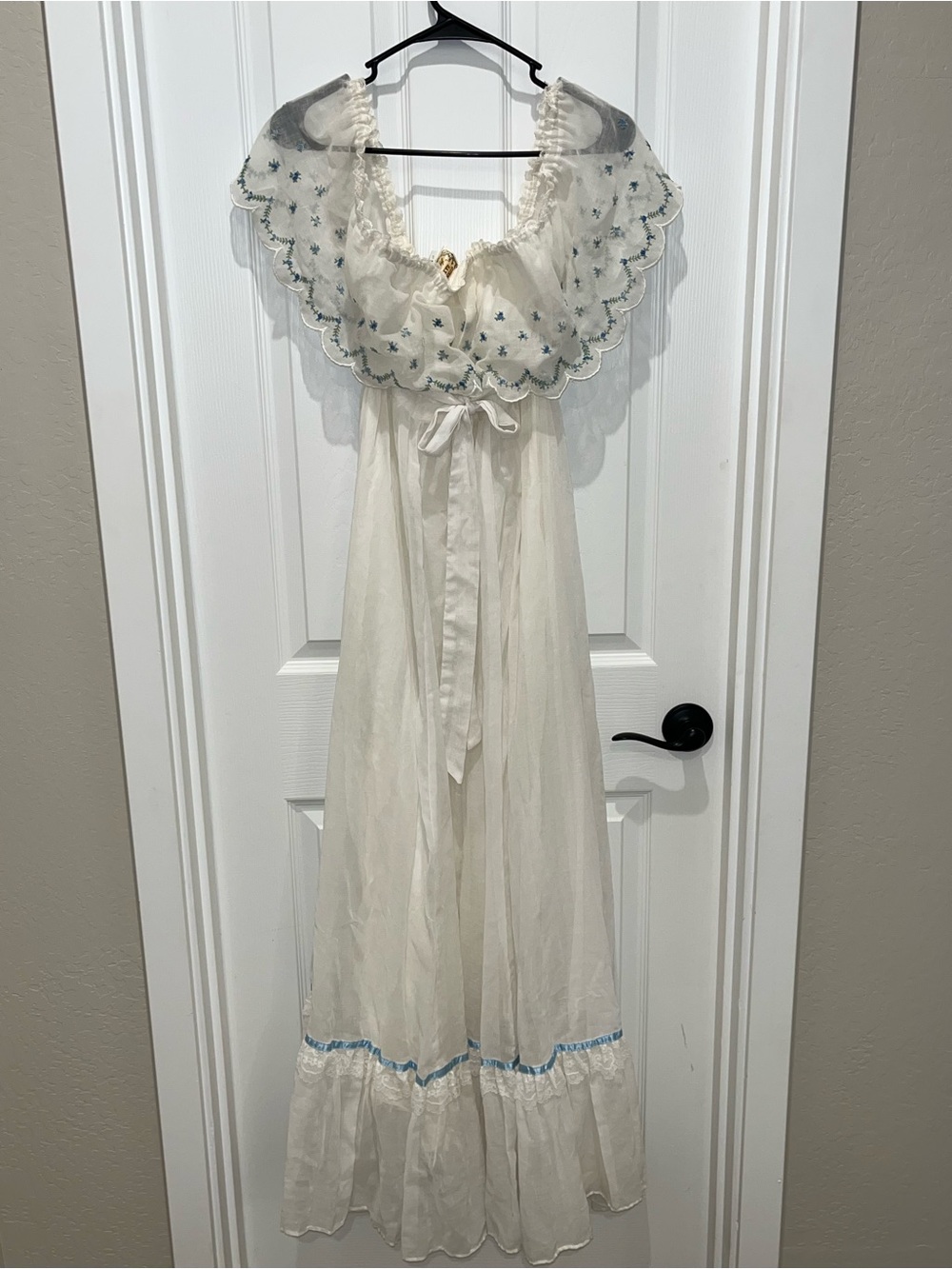 Gunne Sax White Dress with Light Blue Trim and embroidered neckline - Picture 3 of 10